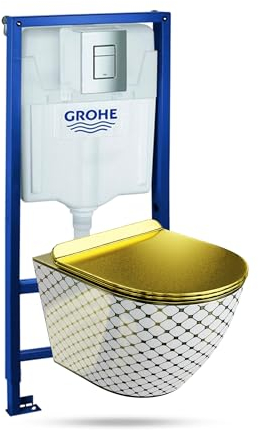 LAVITA | Elemento da parete Solido + parete sospesa WC Sofi Slim Checked Gold/Bianco senza bordi + sedile WC SoftClose | Pulsante cromato | Set completo | Cassetta di risciacquo da incasso | WC