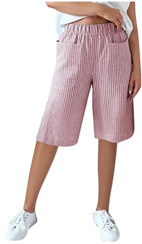 Knee Length Shorts for Women Casual Striped Summer Shorts with Pockets Ladies Comfy Loose Bermuda Lounge Womens Pull On Elastic Waisted Long