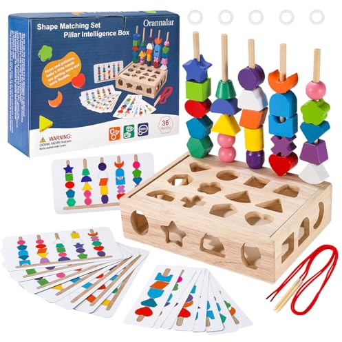 3 in 1 Montessori Wooden Beads Sequencing Toy Set Color Sorting Stacking Geometric Shape Matching Game Beads Sequencing Toy Lacing Beads Stem Fine Motor Skills for Toddlers