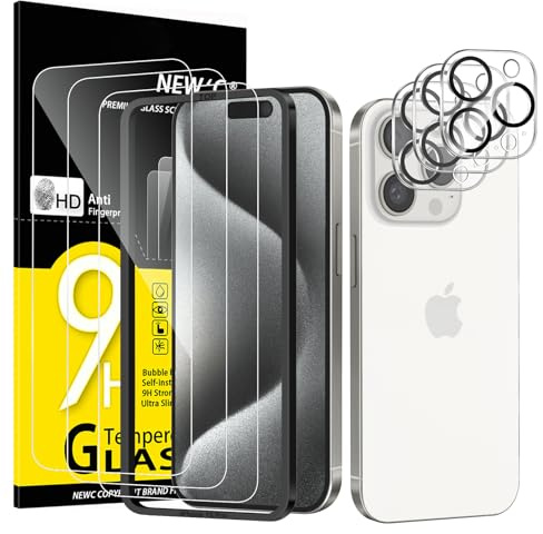 NEW'C 3x Pellicola Vetro Temperato per iPhone 15 Pro (6,1) e 3x Pellicola Vetro Protettiva Fotocamera Posteriore+Tappo Antipolvere-Strumento di installazione semplice incluso-Ultra resistente
