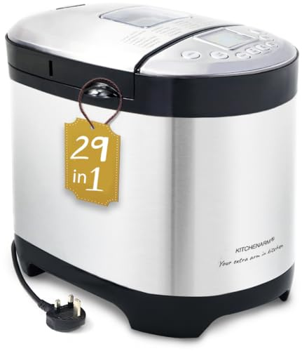 KITCHENARM 29-in-1 SMART Bread Maker Machine UK Model with Gluten Free Setting - 900G 700G 500G Stainless Steel Breadmaker with Recipes for UK - Wholemeal Bread Machine with Homemade Cycle