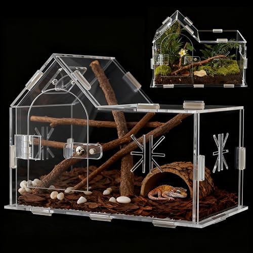 Jumping Spider Enclosure,House Shape Acrylic Reptile Enclosure,8.6 x 4.6 x 5.9 Inches for Ferns,Succulent,Insect Terrarium,Praying Mantis Habitat,Frog Enclosure,Amphibians Enclosure