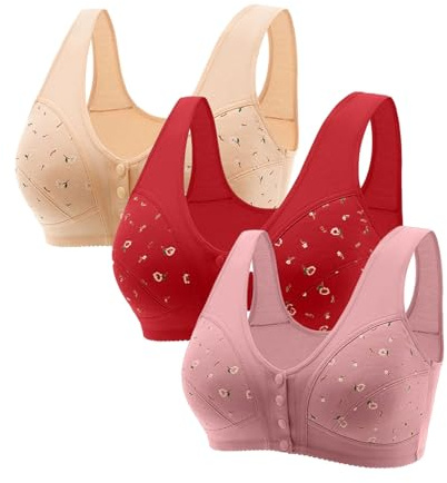 Uwdiohq Lot 3 Soutiens-Gorge Confortables pour Personnes âgées, Nouveau Soutien-Gorge Confortable à Boutons avec Fermeture Frontale, en Coton, Femmes 2025 Menstruelle Lavable Soutien Gorge Dos
