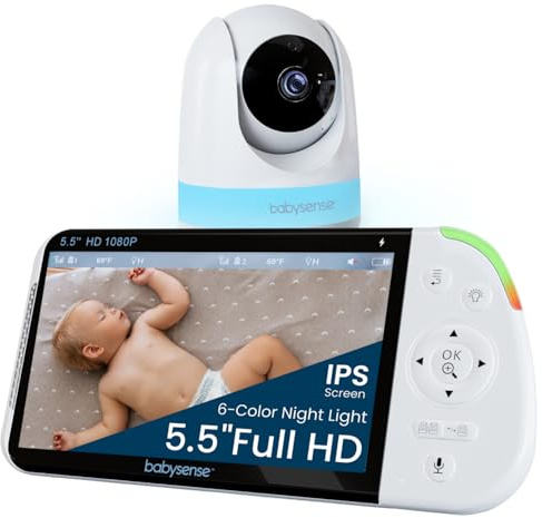 Babysense Full HD Split-Screen Baby Monitor with 1 PTZ Camera, Two-Way Talk, 6-Color Night Light, 5000mAh Battery, Long Range, 4x Zoom, and Crystal-Clear Audio