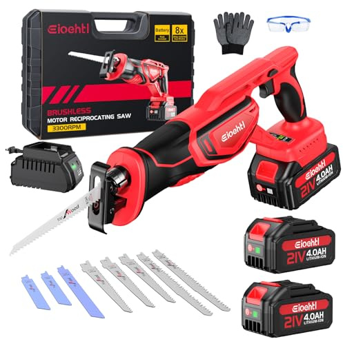 Brushless Cordless Reciprocating Saw – 3300 SPM, Dual 21V 4.0Ah Batteries & Fast Charger, 8-Piece Bi-Metal/Wood Blade Kit, Low-Noise Lightweight for Wood, Metal, PVC & Pruning (Carry Case Set)