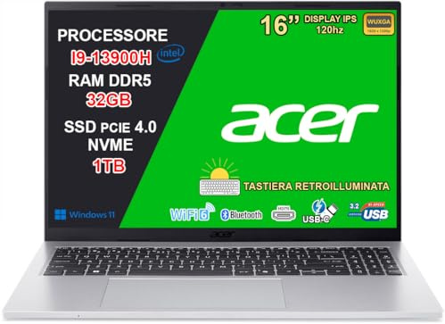 Acer Aspire Go 16 Notebook, Intel Core i9-13900H, RAM 32GB DDR5 6400MHz, SSD 1TB NVMe, Display 16 WUXGA IPS 120Hz 16:10, USB-C, HDMI 2.1, Wi-Fi 6, Tastiera Retroilluminata, Windows 11 Home