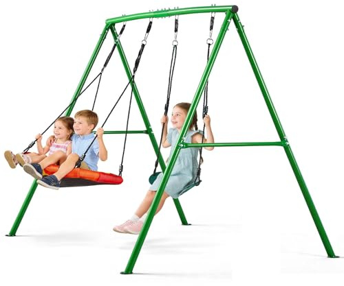 VEVOR Altalena da Giardino Telaio in Metallo a Forma di A per Bambini da Giardino Seduta Doppia Carico max 199,6 kg, Altalena da Esterno Cortile Parco Gioco per Bambini con Ancoraggi a Terra