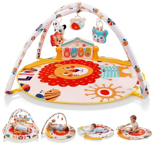 Lubirayi Spieldecke Baby Gym, 6 in 1 Spielbogen 0-12 Monate mit Musik Klaviermatte, 4 Hänge-Spielzeug, Licht & Töne, 400+ Geräuschen, Aktivitätsmatte mit Abnehmbarem Babyspielzeug für Neugeborene