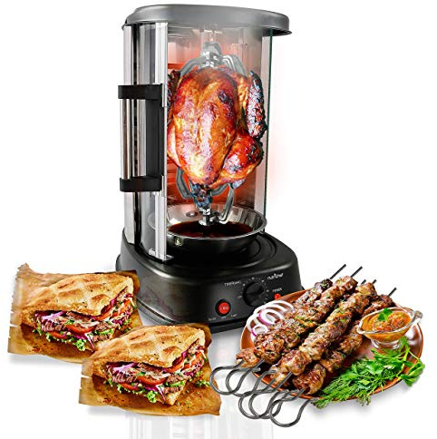 NutriChef Four Rotatif Vertical 1500W de Table – Rôtissoire Shawarma Kebab avec Broche, 240°C, Minuterie 60 Min, Porte Résistante à la Chaleur, Support à Kebab Inclus