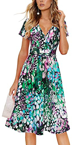 Newshows Women's Dresses Summer Spring 2025 Short Sleeve V-Neck Faux Wrap Sundresses Casual Beach Vacation Midi Dress with Pockets(Floral 16,Large)