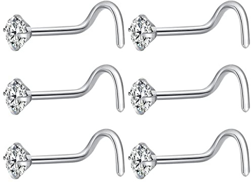 Fzroezz 6Pcs Nose Studs 20 Gauge Corkscrew Nose Piercings Nose Rings Studs Nostril Nose Piercing Jewelry Silver Nose Ring Nose Stud Nose Piercing Surgical Steel Nose Jewelry 20G Cute Real Nose Piercing Stud Nose Rings Hypoallergenic Big Screw Nose Ring 3mm Round Clear Diamond CZ