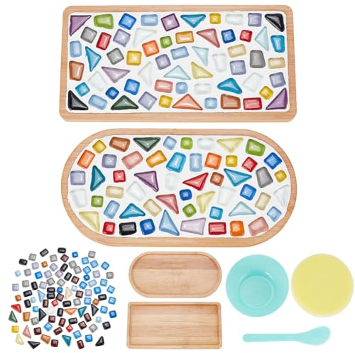WEBEEDY DIY 2 Sets Mosaik-Untersetzer-Set Mit Glasmosaikfliesen, Bambus-Untersetzer-Basis, DIY-Kunsthandwerksprojekte Für Heimdekoration, Handgefertigtes Geschenk