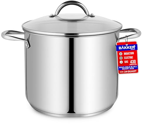 Stainless Steel Stockpot with Tempered Glass Lid 24 Quart, Durable 18/0 Stainless Steel, Impact-Bonded Base for Even Heating, Riveted Handles, Oven & All Stove Compatible, Safe Up To 500°F (260°C)