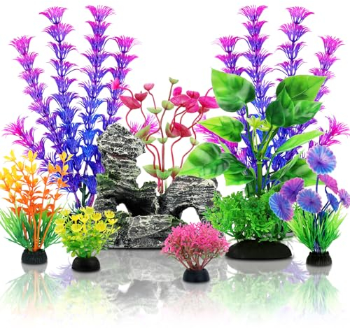 QUOZUO Fish Tank Accessories Artificial Plants, 9pcs Green Aquarium Decorations Plants and Cave Rock Decor Set, Aquarium Decor Plastic Plants