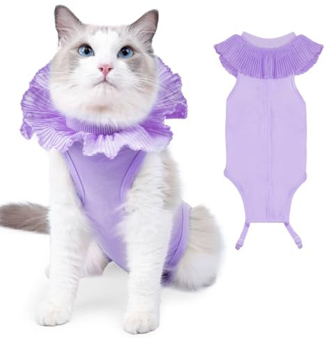 VavoPaw Katzenbody Nach Op für Weibliche Katzen, Atmungsaktive Katzen Kleidung für Chirurgische Genesung bei Bauchwunden, Weicher Stoff-Kätzchen Anzug E-Halsband-Alternative für Katzen, L Lila