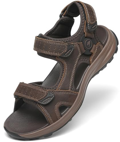 FLARUT Hommes Sandales d'été Chaussures de randonnée Trekking Outdoor Sport Cuir Plage Orteils Ouverts Sportives Décontractées(Marron Foncé,45)