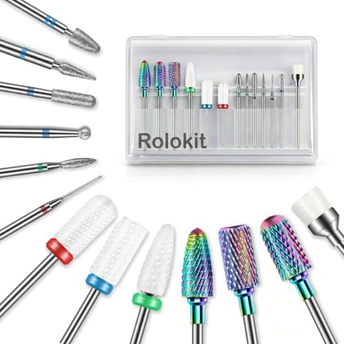 13 Pezzi Punte Fresa Unghie, Punte per Trapano per Unghie Cuticole Professionali da 3/32 di Pollice, Ceramica/Diamante/Tungsteno Carburo Punte Fresa Rimozione Gel Acrilico, Manicure e Pedicure