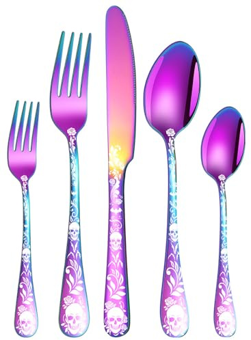 XIAOYU 5 Piece Gothic Skull Silverware Set, Halloween Bizarre Flatware Set, Skeleton Flower Unique Pattern Design, Knife Fork Spoon Cutlery Set for Halloween Easter Christmas, Rainbow