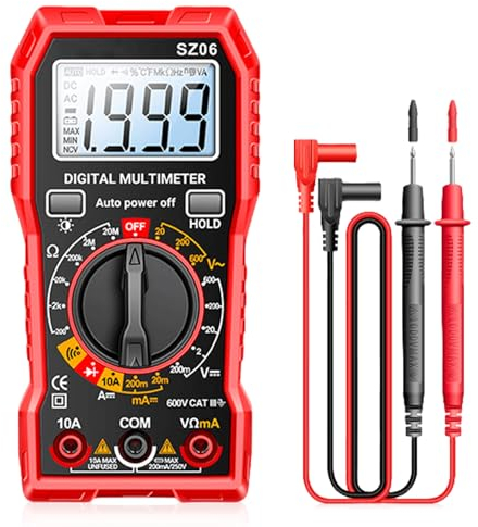 Digital Multimeter mit 1999 Zählungen, Strommessgerät Voltmeter für AC/DC Spannung, DC Strom, Durchgang, Widerstand, Diode mit Großes LCD-Anzeige und faltbar Ständer, Spannungsprüfer für Elektriker