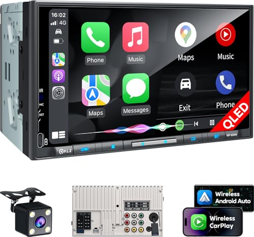 PLZ 7 Wireless Double Din Car Stereo Apple Carplay Radio QLED Screen for Car, Android Auto, Bluetooth 5.3, Fast Charger, 1080P Backup Camera, 4.2 Channel Outputs 240W, 2 Subwoofer
