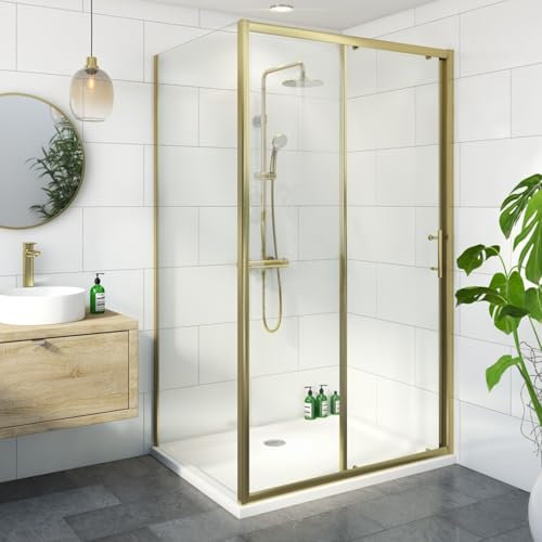 Luxura® 1200 x 900mm Sliding Shower Enclosure Door Screen for Wet Room Cubicle Enclosures, 6mm Toughened Safety Glass, Framed, Reversible, Brushed Brass