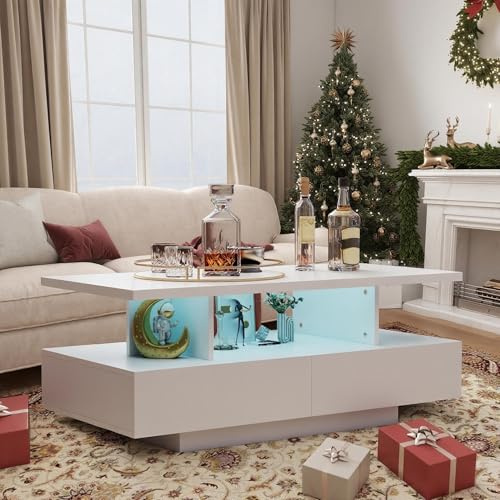 YU YUSING Table Basse LED avec 2 Tiroirs, Table d'Appoint de Salon Coffre avec 2 Étagères de Rangement, 60000 Couleurs Lumières Réglables, Télécommande,Contrôle APP, Modes Musique,Moderne(Blanc)
