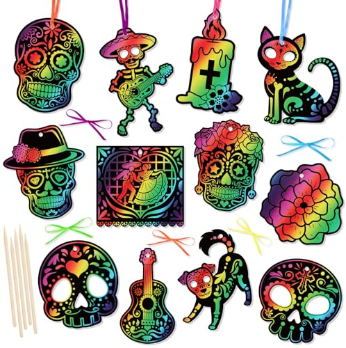DPKOW 36 Dia de Los Muertos Carte à Gratter pour Enfant, Papier à Gratter Arc-en-Ciel Mexicaine Halloween pour Enfant Activites Manuelles Dia de Los Muertos Artisanat Pendentifs Ornements