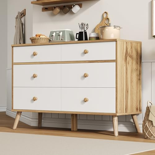 Merax Cómoda con 6 cajones, moderno aparador, armario multiusos para salón, pasillo, dormitorio, unidad de almacenamiento, cajones deslizantes, cajones de esquina de madera, color madera y blanco, 116