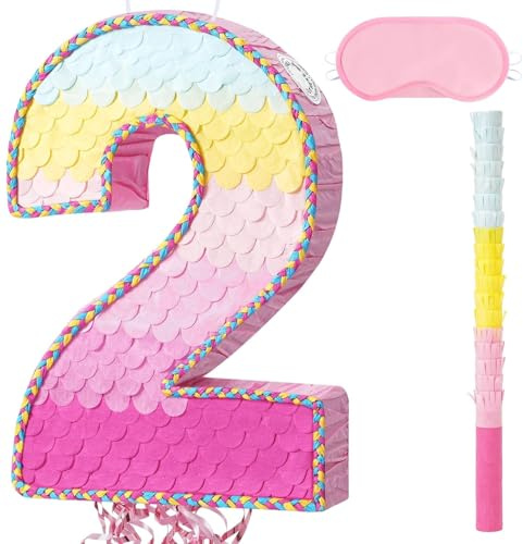 WERNNSAI Pink Number 2 Pinata 2nd Birthday Decoration Rainbow Number Pinata | 2th Birthday Party Decorations 2 Year Anniversary Decoration Party Supplies with Blindfold and Stick