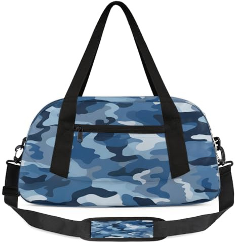 Classic Blue Camo Pattern Kids Duffel Bag for Boys Girls, Lightweight Travel Weekender Bag with Adjustable Strap, Overnight Gym Bag Toddler Sports Duffle for Workout Dance