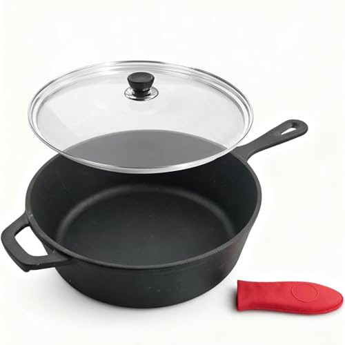 MXWLEIEL Cast Iron Skillet - 10.25 Inch Frying Pan with Teardrop Handle,Round Tempered Glass Lid,Silicone Handle Holder for Oven, Stovetop,home baking (Cast Iron Skillet Set)