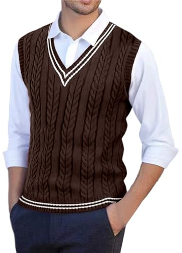 Fulidngzg Maglione Uomo Invernale in Lana Senza Maniche con Collo a V Gilet in Maglia Maglioncino Cotone Casual Pullover Primaverile Leggero Sottogiacca Cashmere Elegante per Case Lavoro,Marrone,M