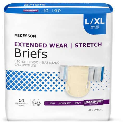 McKesson Extended Wear Stretch Briefs, 56 Count, Size L/XL (48–66 in) – Overnight Adult Diapers with Tabs, Maximum Absorbency, Unisex Disposable Incontinence Briefs for Men and Women