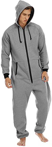 QIYUANT Pigiama Uomo Intero con Cappuccio Tinta Unita Casual Fodera in Pile Miscela di Cotone Cerniera Adulti Pezzo Unico Pajamas Invernale Autunno Caldo Confortevole Pigiami da Casa Grigio Scuro L