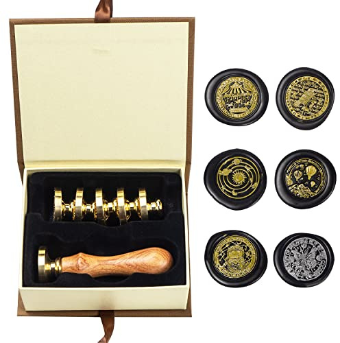 Kit de Tampons de Cire ANBOSE Avec 6 Têtes en Laiton Amovibles et 1 Manche en Bois - Cachet Renard Sunbird pour Cartes