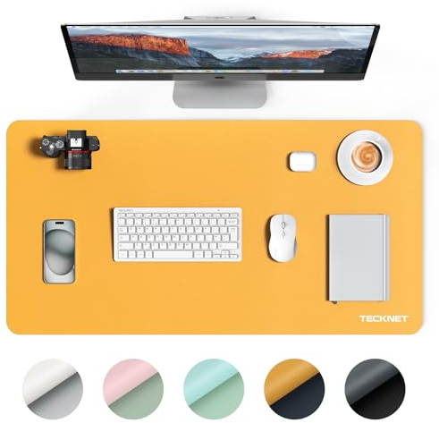 TECKNET Schreibtischunterlage, 80 x 40cm Große Tischschutzpolster, Wasserdichte Laptop Desk Mat,PU Leder Tischunterlage, Abwischbar Doppelseitige Schreibunterlage für Büro/Zuhause (Dunkelblau/gelb)