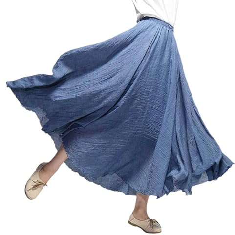 Beautyhis Falda bohemia de lino de algodón para mujer, falda larga de lino de verano para mujer, vestido acampanado con cintura elástica, faldas largas fluidas, Azul Niágara, 36