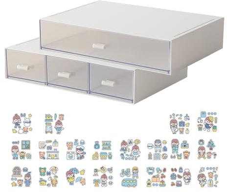 Zfseyuh Schubladenboxen 2 Stück Schreibtisch Organizer Schubladen mit Aufklebern Sortierboxen für Kleinteile Stapelbar für Desktop Büro Schminktisch Zuhause, Transparent Weiß