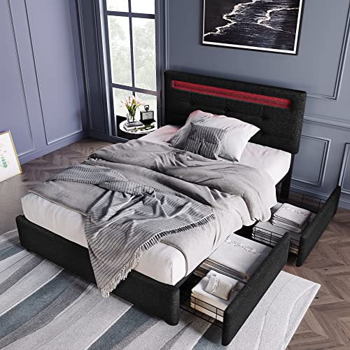 Aoskem Polsterbett Bett 90x200 cm Einzelbett, Bett mit Stauraum 2 Schubladen, LED-Kopfteil, Stauraumbett Bettgestell mit Lattenrost, Rückenlehne Flachbett Jugendbett, Ohne Matratze, Leinen Schwarz