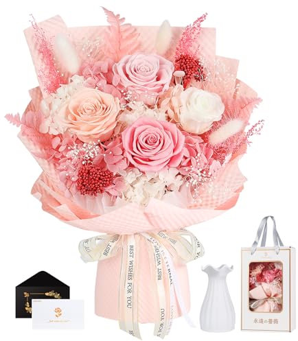 Ewige Rosen Blume Strauß mit Vase-Rosa, Infinity Konservierte Echt Flower, Rosestrauß in Geschenkbox, Geschenk für Sie Frauen Freundin Mama Oma zum Valentinstag Jahrestag Geburtstag Muttertag