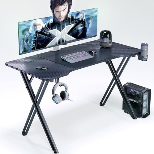 SUBTLETY Escritorios Gaming 120x60cm X-Frame Mesas de Ordenador con Portavasos y Auriculares Soporte Mesa Ergonómico Capacidad de Carga hasta 100KG Tableros de Juegos para Oficina Estudio (sin LED)