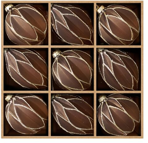DN DECONATION Weihnachtskugeln Set, 9-teilig - Braun Gold Christbaumkugeln mit Linien Design, Glaskugeln mit Goldverzierungen für Tannenbaum Dekoration, Vintage Weihnachtsbaumschmuck