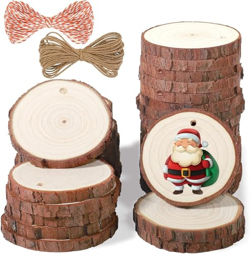 LATERN 60 Pezzi Dischi Legno Grezzo, 6CM - 7CM Fette Preforati di Legno Naturale Cerchi di Tronchi Rustico con Spago di Iuta e Spago di Cotone - per DIY Arte Artigianato Matrimonio Natale Decorazioni