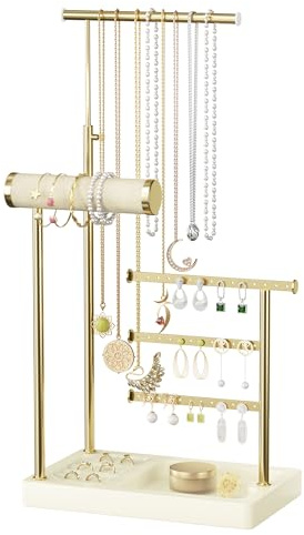 SZQINJI 5 Tier Jewelry Holder Organizer, Gold Jewelry Stand with Velvet Bracelet Holder, Adjustable Height Jewelry Display for Necklaces, Bracelets, Earrings, Rings, Gift Idea for Women, Beige
