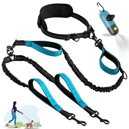 Wood Homing Hands Free Double Dog Lead - Dual Dog Running Leash Splitter for Small Medium Large Dogs, Reflective 2 Dogs Lead with Detachable Wait Belt 4 Padded Handle Bag Holder for Walking Jogging