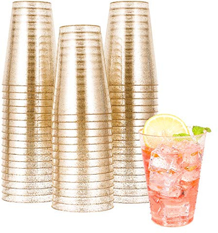 JOLLY CHEF 14 oz 50 Pack Gold Plastic Cups, Disposable Gold Glitter Plastic Cups Tumblers, Ideal for Wedding Halloween, Thanksgiving, Christmas Parties