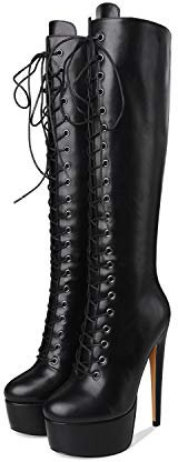 Only maker Damen Kniehoch Stiefel Plateau Hohe Schnürstiefel mit Stiletto Absatz Lederimitat Schwarz 39 EU