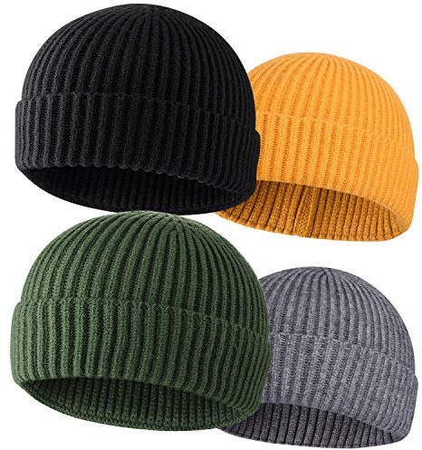 4pcs Wool Fisherman Beanies for Men, Knit Short Watch Cap Winter Warm Hats