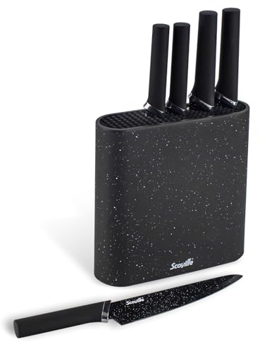 Scoville 5 Piece Knife Block Set, Non Stick Kitchen Knives Set with Universal Knife Block, Stainless Steel Blades, Easy to Clean & Sharpen, PFOA Free, Soft Grip Handles, Speckled Finish, Black