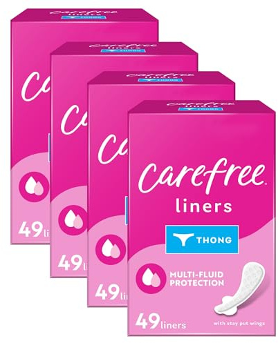 Carefree Panty Liners for Women, Thong Liners, Unwrapped, Unscented | Pantiliners, Carefree Liners, Daily Liners for Women, Light Periods and Leaks | 196ct (4 Packs of 49ct) (Packaging May Vary)